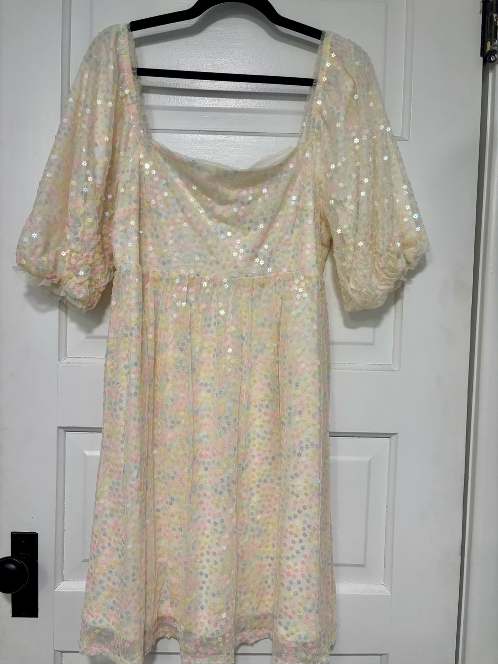 Sequin Pastel Puff-Sleeve Babydoll Dress